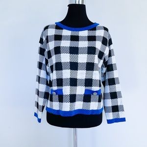 NWT | KAOS | Made in Italy Womens Sweater Top M Gingham Black Offwhite Blue M